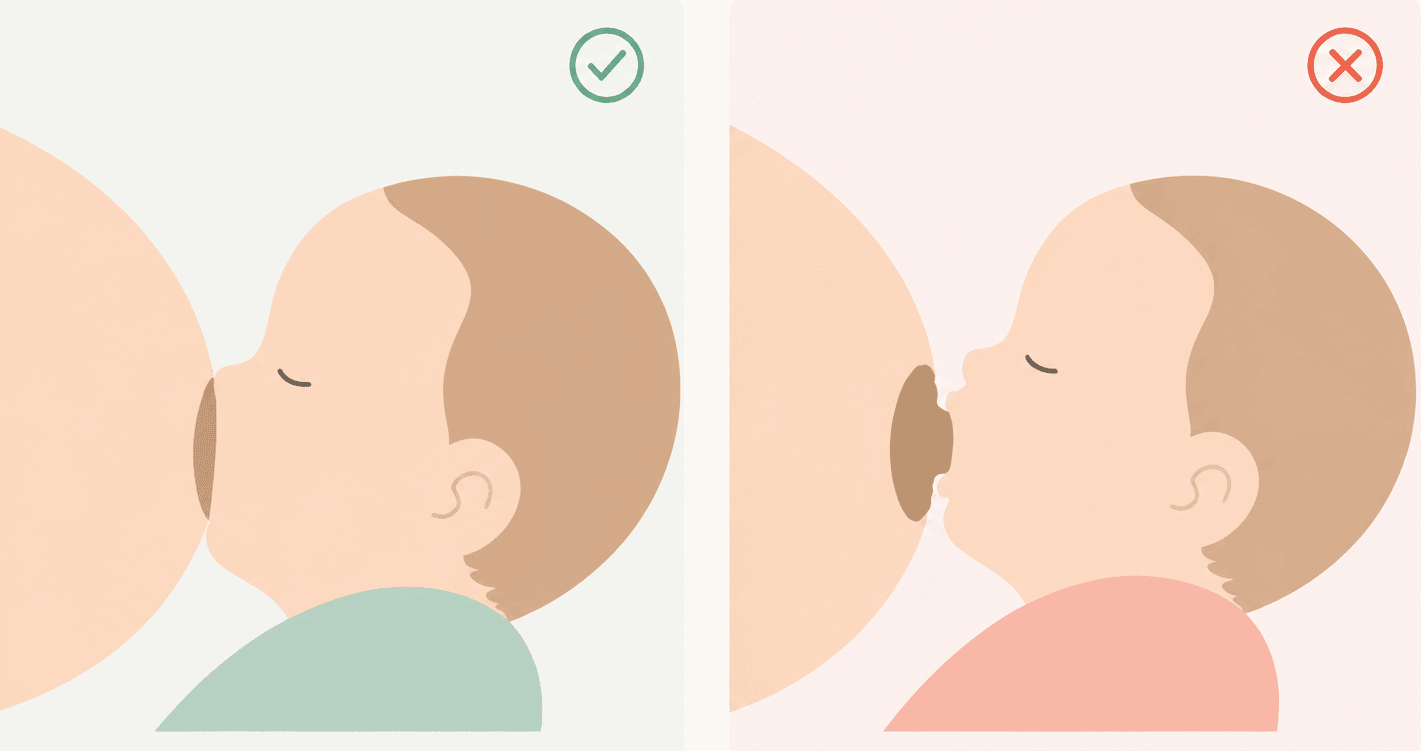 Comparativa de agarre al pecho: a la izquierda agarre asimétrico y profundo correcto con gran porción de areola dentro de la boca, a la derecha agarre superficial incorrecto solo del pezón